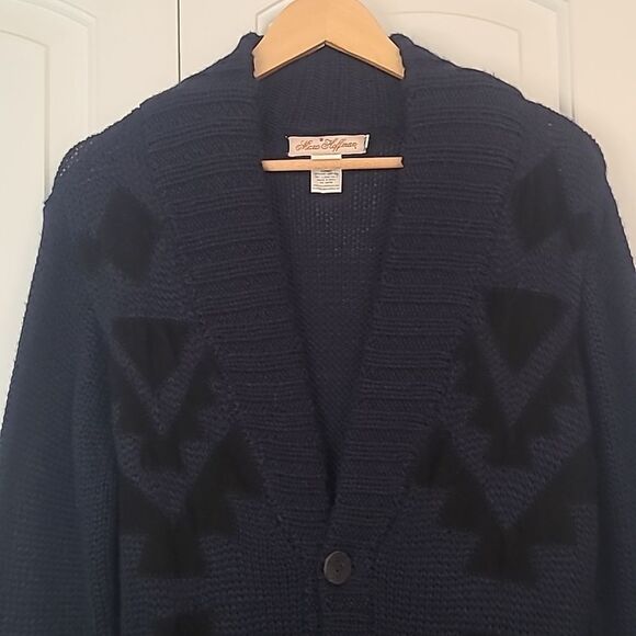 Mara Hoffman Wool Leather Appliqué Button Front Cardigan Sweater Navy Black Sz S - Picture 3 of 13